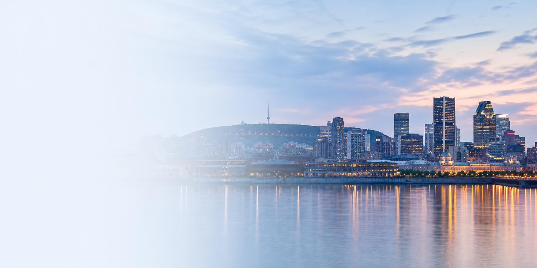 Montreal skyline reflected across the waterfront
